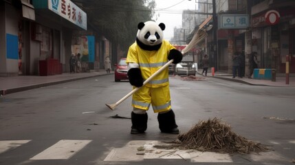 Wall Mural - Panda in Disguise: Street Cleaner Extraordinaire - Generative AI Illustration

