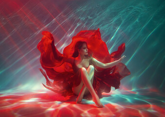 Calm relaxation meditation concept. Sexy fashion model Fantasy woman sitting under water sea, red long silk dress fabric floating. fairy girl posing in deep pool underwater shooting Art Magic light.