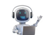 © jroballo - Friendly cartoon style chat robot with laptop waving hello. 3d illustration.