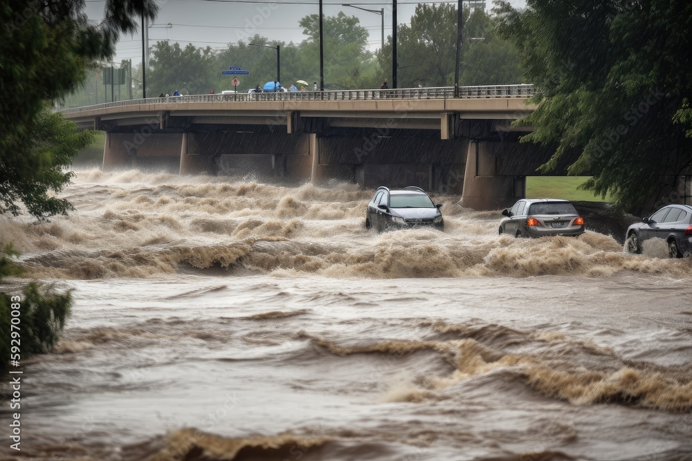 flash flood rushing over bridge, with cars and people in its path ...