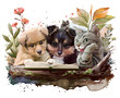 Two shaggy puppies and a cunning cat reading a book