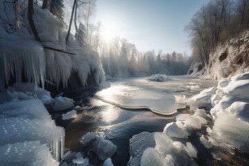 Wall Mural - heavenly view of wintery river frozen over with icicles hanging from the edge, created with generative ai