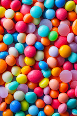 Canvas Print - Close up of many different colored candies on white table top. Generative AI.