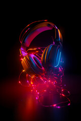 Sticker - Pair of headphones sitting on top of table covered in lights. Generative AI.