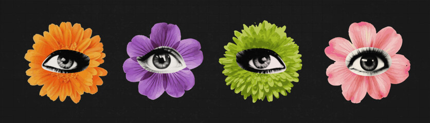 Wall Mural - Collage eyes with flowers. The bright flower on it is paper like a woman pupil cut out of an old magazine. Creative vector texture illustration