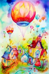  Image of hot air balloon flying over town with houses and hot air balloons. Generative AI.