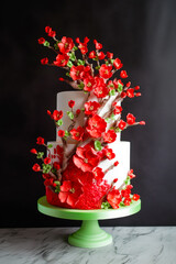 Poster - Three tiered cake with red flowers on top of green plate. Generative AI.