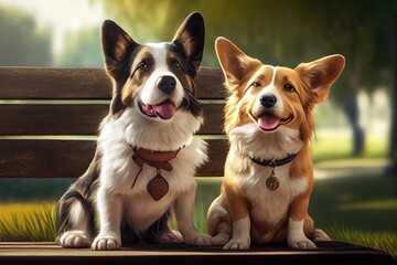 Wall Mural - pair of dogs hanging out on park bench, enjoying sunny day, created with generative ai