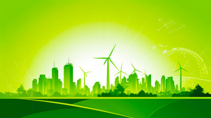 Poster - Green city skyline with windmills in the foreground and trees in the foreground. Generative AI.