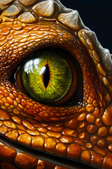 Poster - Close up of green eye in lizard's eye photo. Generative AI.