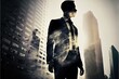 © Summit Art Creations - Ambitious businessman in black suit-clad profile with background residential city highrise buildings in double exposure, Successful businesspeople with strategic plans. Superb Generative AI.