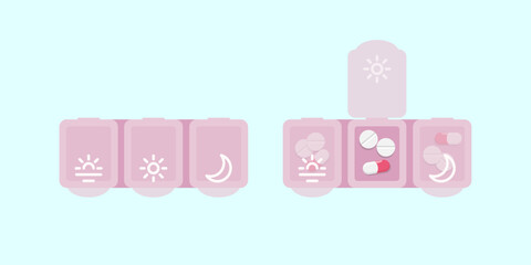 Empty and filled with pills pharmacy daily pill boxes, pink plastic medical boxes. Flat style vector illustration