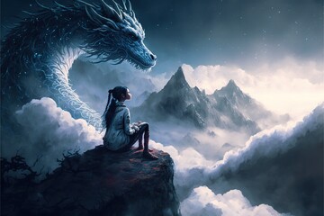 Wall Mural - Chinese girl sitting on top of mountain above the cloud with her dragon against night sky with beautiful cloudscape in background. A fantasy night sky and dragon girl artwork. Superb Generative AI.