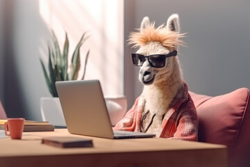 cute Llama hipster works at a laptop in the office, Generative AI