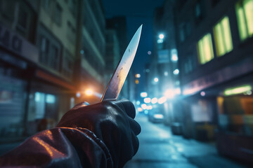 Gloved hand holding knife with city street at night in background. Crime concept. Generative AI Illustration