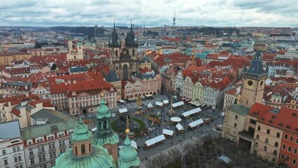 Wall Mural - Panoramic aerial view of old Town square in Prague on a beautiful summer day, Czech Republic. Church of our Lady before Tyn and Prague Astronomical Clock Tower