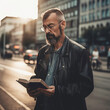© Volodymyr - A man on the street of a large modern city reading a book. AI generation