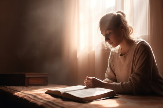 A woman reads the Bible and prays in a room by the window, generation AI