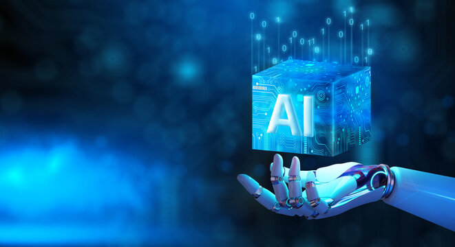 Wall Mural -  - Robot hand holding Ai Processor chip of Cube Technology. Big data storage, Cloud computing, Machine learning, Ai blockchain technology. Artificial intelligence learnability Concept. 3D illustration.