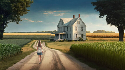 Wall Mural - Young girl walks toward farm house which is in corn fields that stretch forever. 