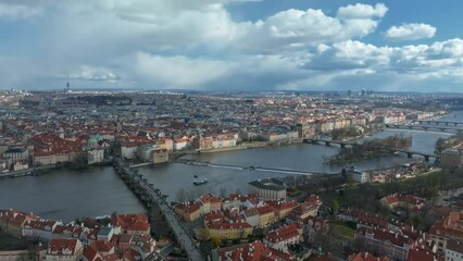 Wall Mural - Scenic spring panoramic aerial view of the Old Town pier architecture and Charles Bridge over Vltava river in Prague, Czech Republic