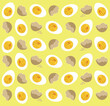 Połówki jajek ugotowanych na twardo i rozbite skorupki. Wzór z jajkami na żółtym tle. Gotowane i obrane jajka. Ozdobna tapeta z jajeczkami i skorupkami. Kolorowa ilustracja, rysunek wektorowy