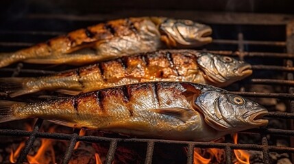 Grilled fishes with nice grill marks. Generative AI.