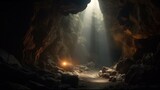 Fototapeta Natura - Cave with light rays coming through the cave. Generative AI