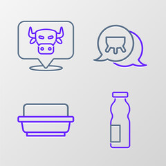 Sticker - Set line Drinking yogurt in bottle, Butter a butter dish, Udder and Cow head icon. Vector