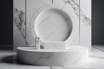 Wall Mural - Minimal scene, geometric circle, modern background platform with marbled white podium. mockup display, cosmetic product stand Stage trade show fashion, cosmetics, beauty products. 3D. Generative AI