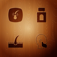 Poster - Set Mustache and beard, Broken hair follicle, Human and Aftershave on wooden background. Vector