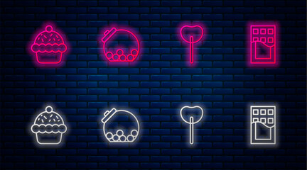 Wall Mural - Set line Glass jar with candies inside, Lollipop, Cupcake and Chocolate bar. Glowing neon icon on brick wall. Vector