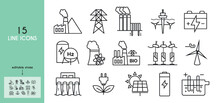 Power Plant Line Icons Set.  Electrical Wires, Electric Pole, Coal, Geothermal, Solar, Wind, Nuclear, Hydro, Biomass, Wave, Tidal Power Plants. Electrolysis. Vector Illustration.