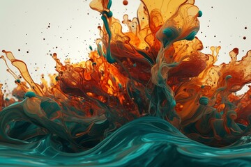 Wall Mural - Generative AI illustration of colorful teal and orange alcogol ink spill on marble with organic growth abstract background