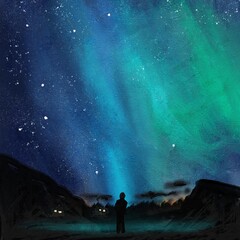 hand drawn oil painting illustration of aurora borealis northern lights. blue green winter artic phe