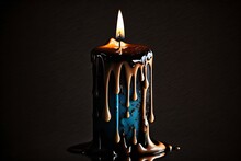 Blue Burning Pillar Candle Inside Brown Wax Created With Generative AI Technology