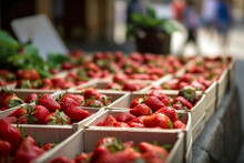 Lots Of Baskets With Fresh Ripe Strawberries For Sale At Farmers Market Closeup. Strawberries In Boxes, Strawberry Fruits In Wooden Box, Selective Focus. AI Generated Image