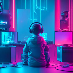 Gamer boy in front of his computer. Generative AI