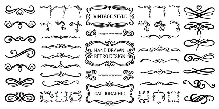 Wall Mural - Flourish ornaments. Vintage line decoration frames collection, elegant retro border elements for cards and posters decor, filigree accent classic shapes for decor. Vector design corners set