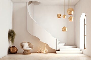 Wall Mural - Modern minimalist interior with stairs and an arch. Generative AI