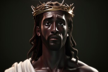 Jesus is black, Fictional African American Jesus Christ wearing a woven crown of thorns before crucifixion, created with generative AI