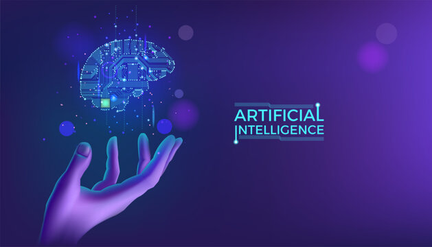 Wall Mural - Ai background. Artificial intelligence. Hand with brain glowing hologram. Digital data technology. Future of business. Neon and tech cyber robot. Neural network. Vector abstract banner