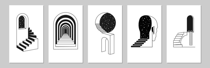 Surreal cover design, infinity posters. Line stairs and ladders sculpture elements, arch and doors monochrome universe. Minimal design cards. Geometric figures vector abstract modern banners