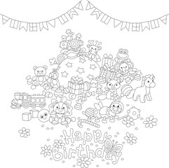 Wall Mural - Happy birthday card with funny toys, holiday gifts and sweets, black and white outline vector cartoon illustration