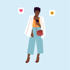Poster - People using phone. Female with smartphone. Web messenger. Network conversation. Lady holding evice. Internet communication. Smiley and love heart icons. Vector woman chatting online