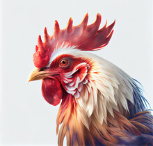 Bright Portrait Of A Rooster On A White Background. Generative AI