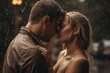 couple in love standing close together in the rain created with Generative AI technology