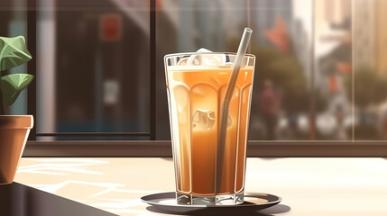 Wall Mural - Cold coffe latte with milk in glass on city cafe table. Generative Ai