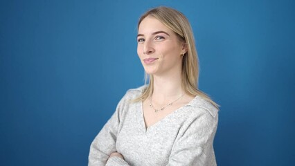 Sticker - Young blonde woman smiling confident showing braces over isolated blue background