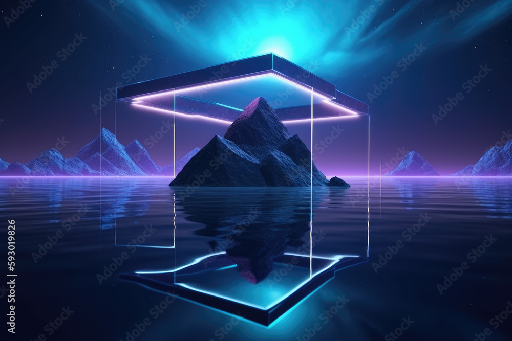 Stockillustratie 3d render, abstract neon background with rhombus ...